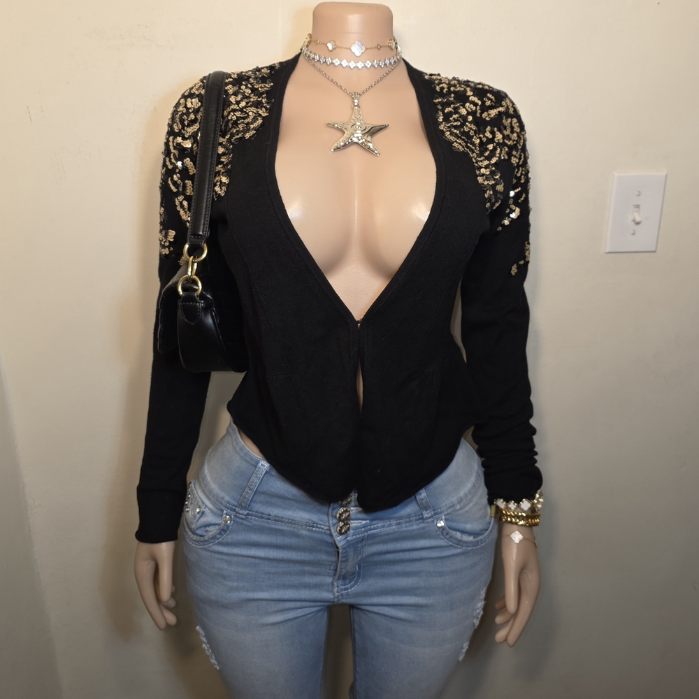 ☆Cache Black and Gold Sequin Embellished Cardigan☆
